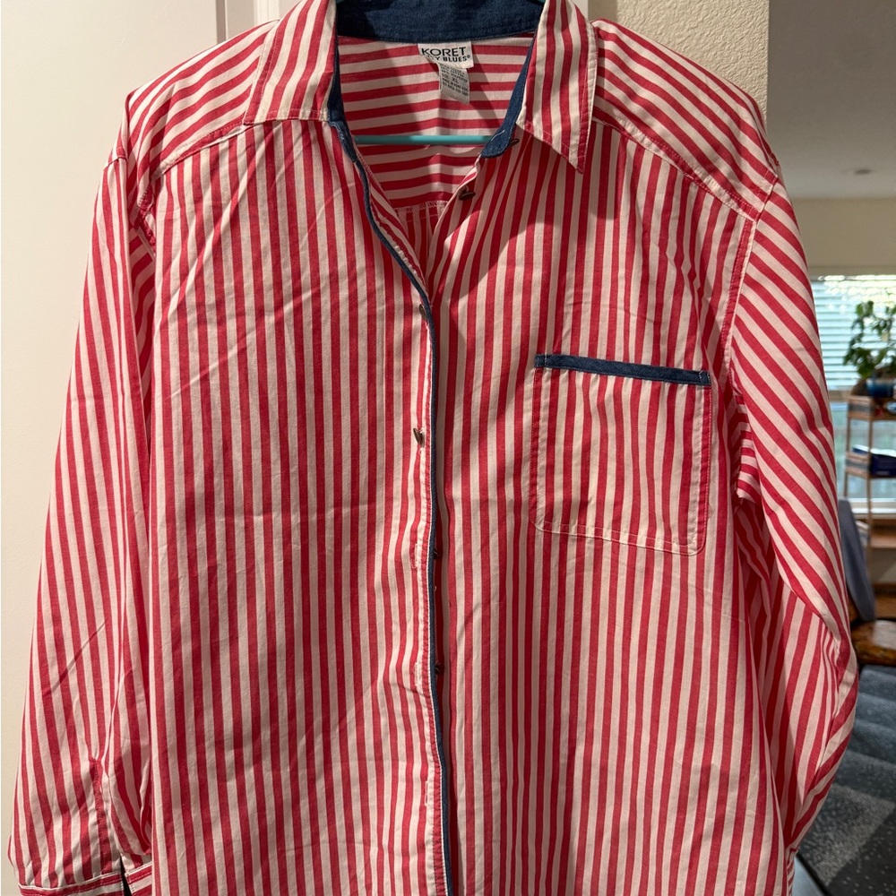 Vintage 1970’s Koret Red & White Striped Button-Down Shirt with Navy Trim